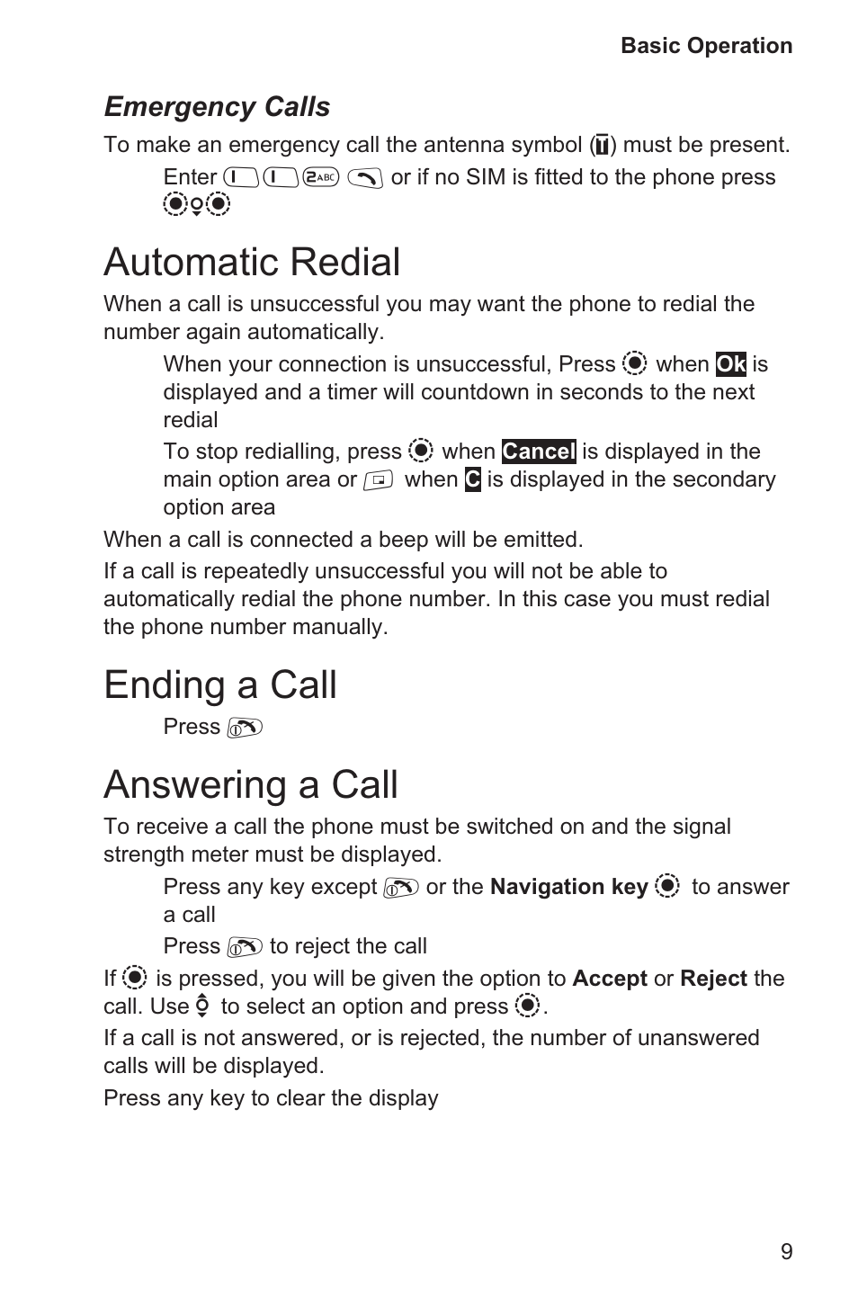 Automatic redial 9, Ending a call 9, Answering a call 9 | Automatic redial, Ending a call, Answering a call, Emergency calls | Panasonic EB-GD96 User Manual | Page 17 / 96