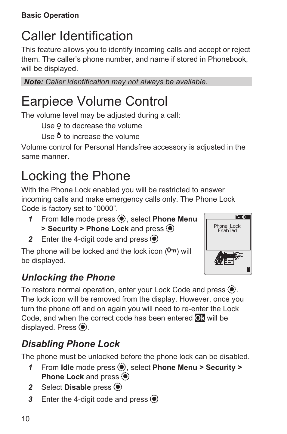 Caller identification 10, Earpiece volume control 10, Locking the phone 10 | Caller identification, Earpiece volume control, Locking the phone, Unlocking the phone, Disabling phone lock | Panasonic EB-GD96 User Manual | Page 18 / 96