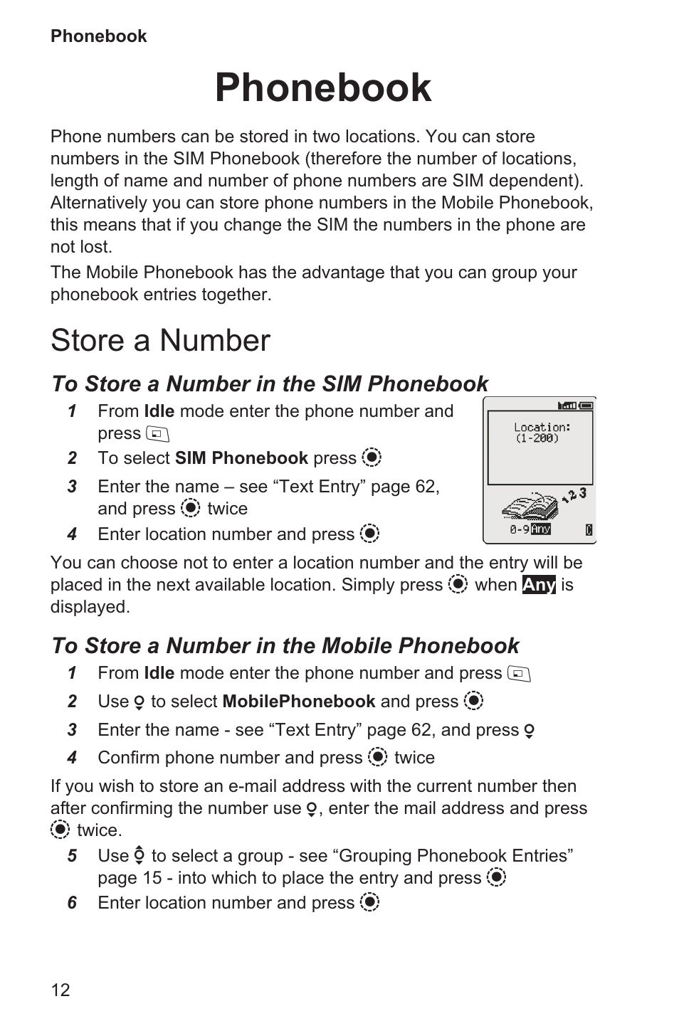 Phonebook 12, Store a number 12, Phonebook | Store a number | Panasonic EB-GD96 User Manual | Page 20 / 96