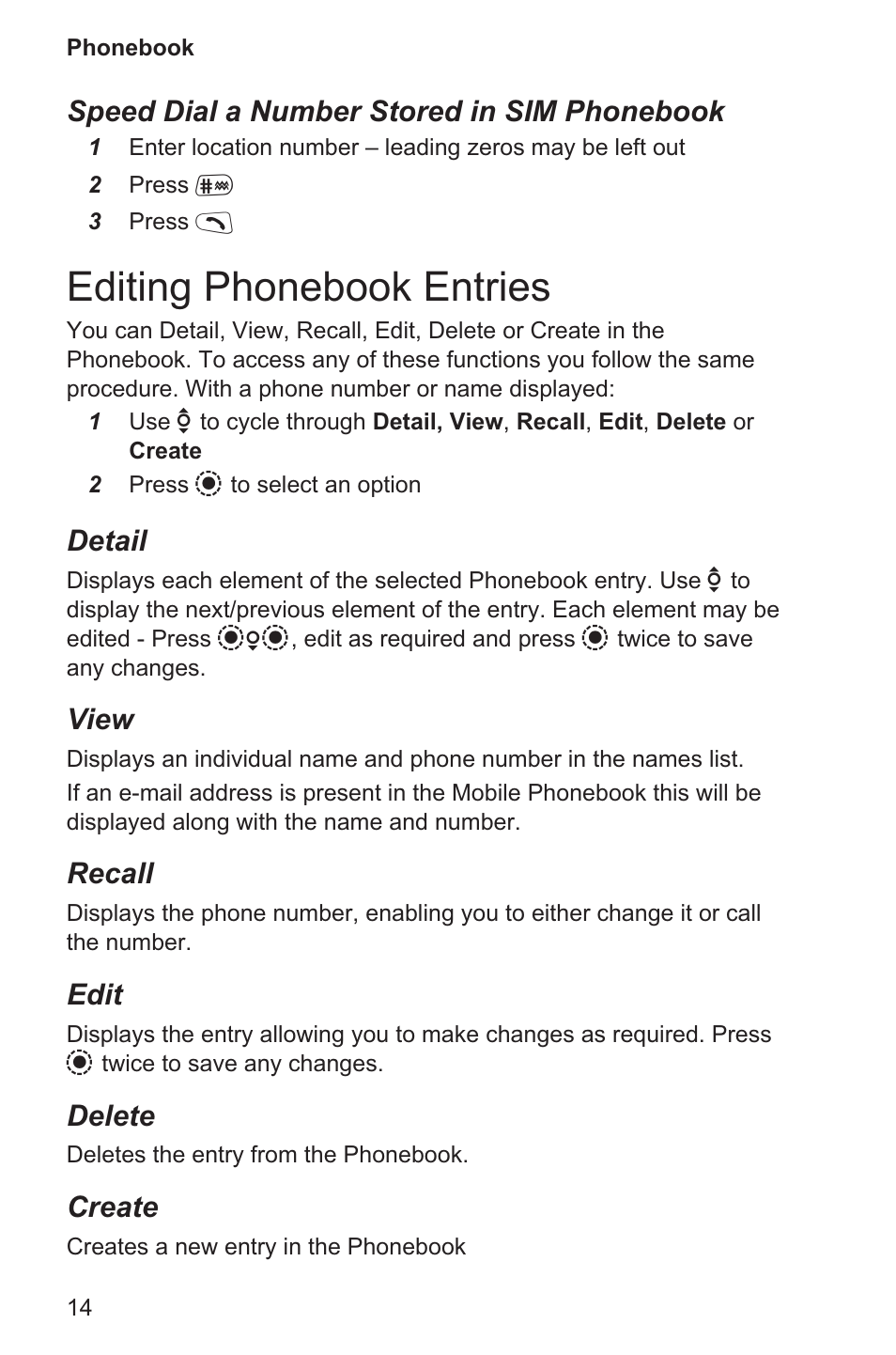 Editing phonebook entries 14, Editing phonebook entries, Speed dial a number stored in sim phonebook | Detail, View, Recall, Edit, Delete, Create | Panasonic EB-GD96 User Manual | Page 22 / 96