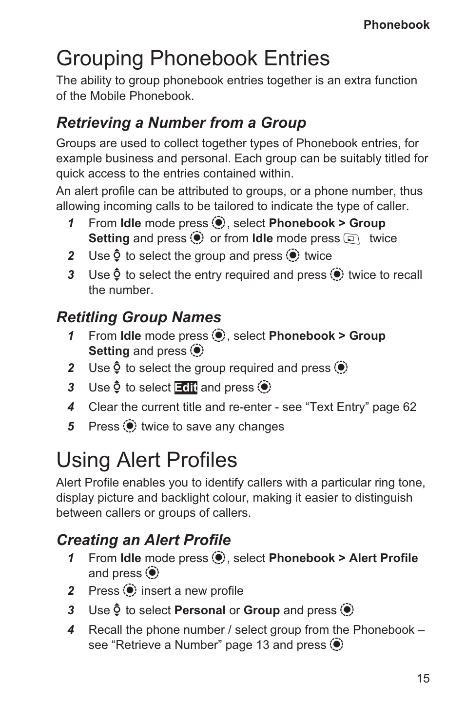 Grouping phonebook entries 15, Using alert profiles 15, Grouping phonebook entries | Using alert profiles, Retrieving a number from a group, Retitling group names, Creating an alert profile | Panasonic EB-GD96 User Manual | Page 23 / 96