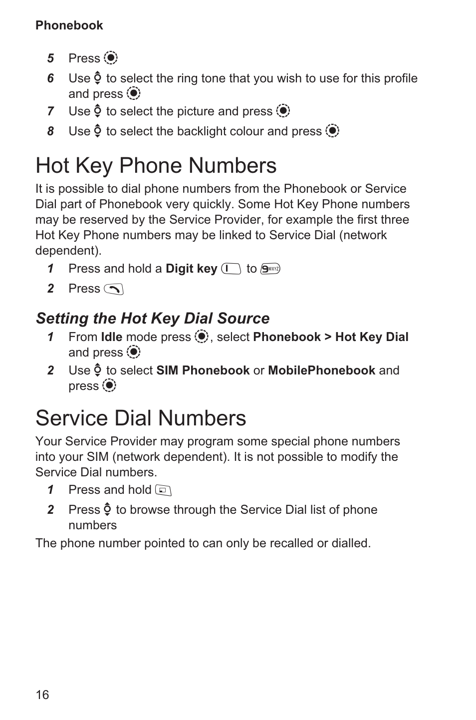 Hot key phone numbers 16, Service dial numbers 16, Hot key phone numbers | Service dial numbers, Setting the hot key dial source | Panasonic EB-GD96 User Manual | Page 24 / 96