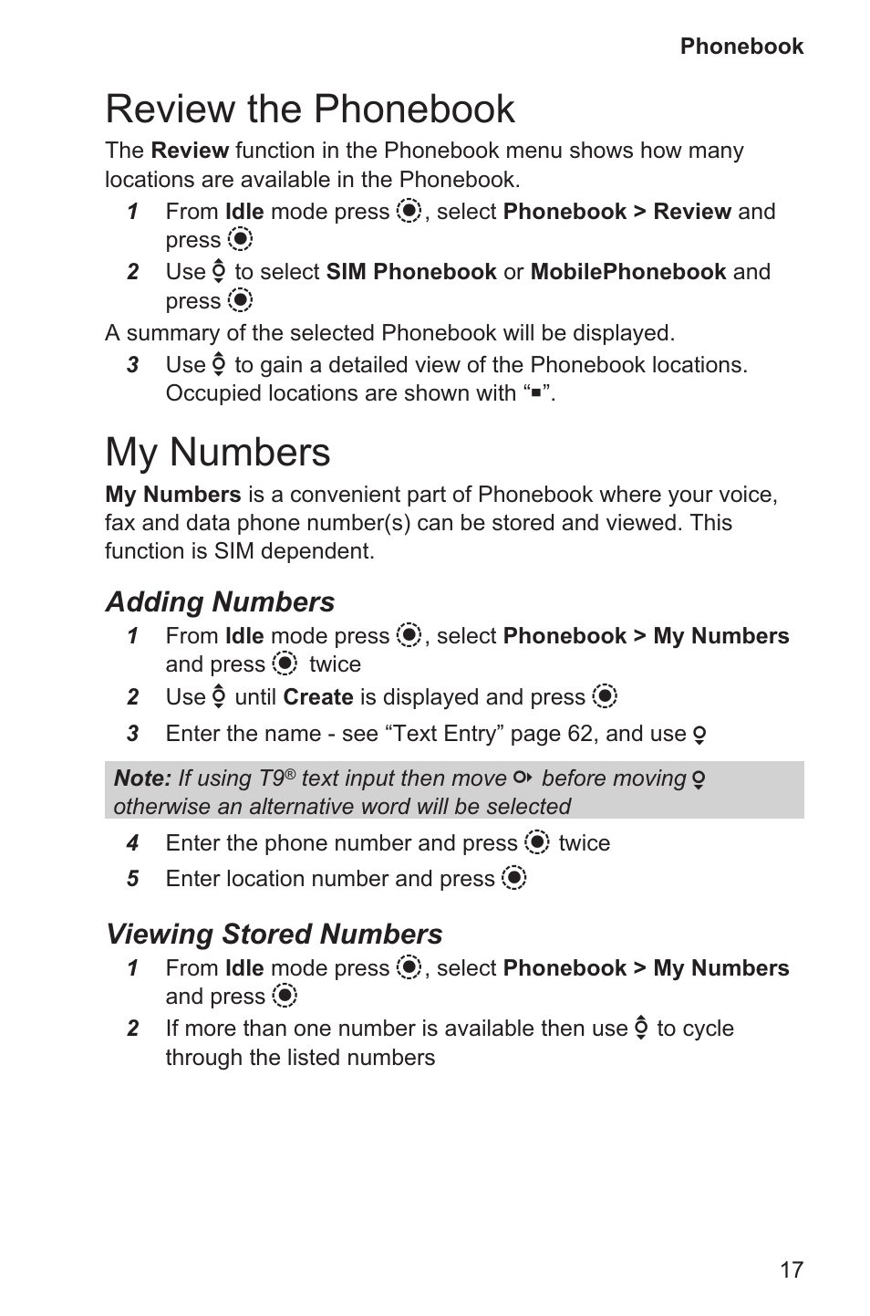 Review the phonebook 17, My numbers 17, Review the phonebook | My numbers, Adding numbers, Viewing stored numbers | Panasonic EB-GD96 User Manual | Page 25 / 96
