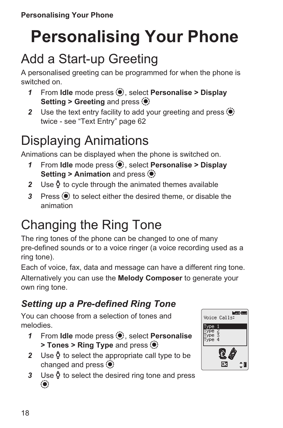 Personalising your phone 18, Add a start-up greeting 18, Displaying animations 18 | Changing the ring tone 18, Personalising your phone, Add a start-up greeting, Displaying animations, Changing the ring tone | Panasonic EB-GD96 User Manual | Page 26 / 96