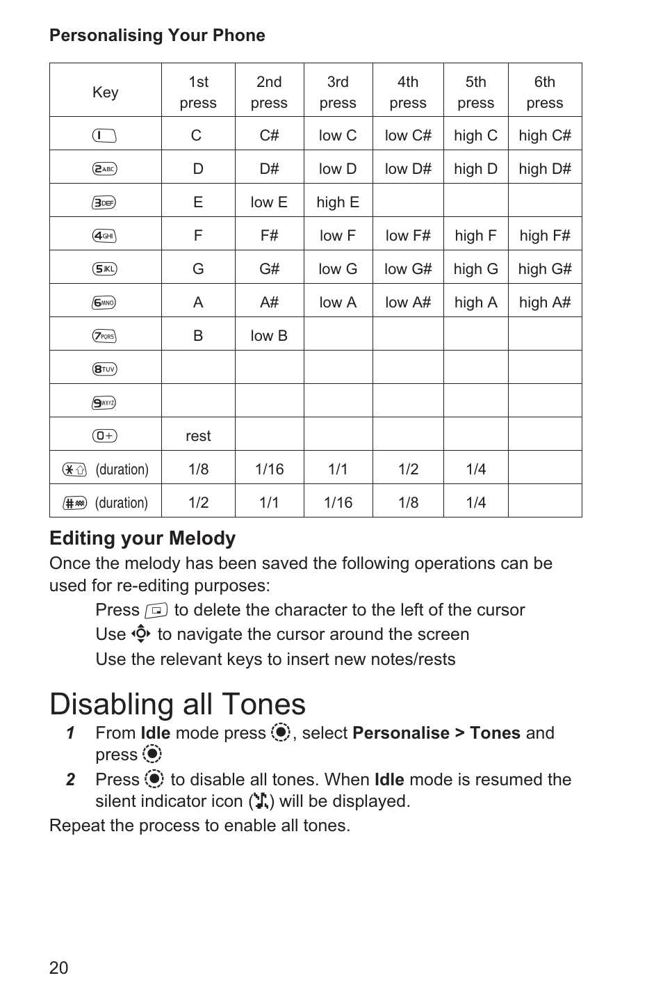 Disabling all tones 20, Disabling all tones, Editing your melody | Panasonic EB-GD96 User Manual | Page 28 / 96