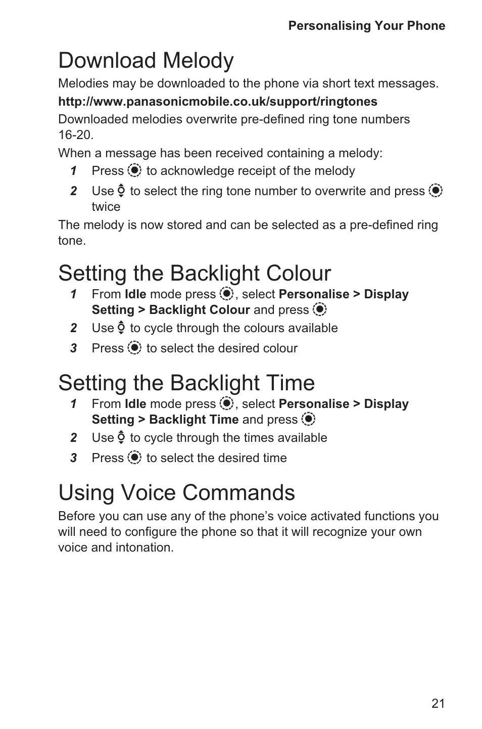 Download melody 21, Setting the backlight colour 21, Setting the backlight time 21 | Using voice commands 21, Download melody, Setting the backlight colour, Setting the backlight time, Using voice commands | Panasonic EB-GD96 User Manual | Page 29 / 96