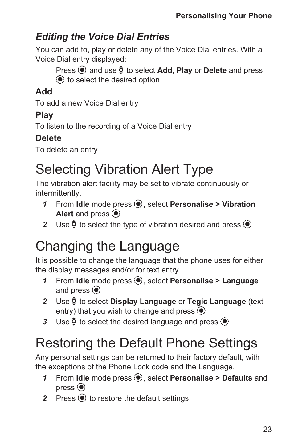 Selecting vibration alert type 23, Changing the language 23, Restoring the default phone settings 23 | Selecting vibration alert type, Changing the language, Restoring the default phone settings, Editing the voice dial entries | Panasonic EB-GD96 User Manual | Page 31 / 96