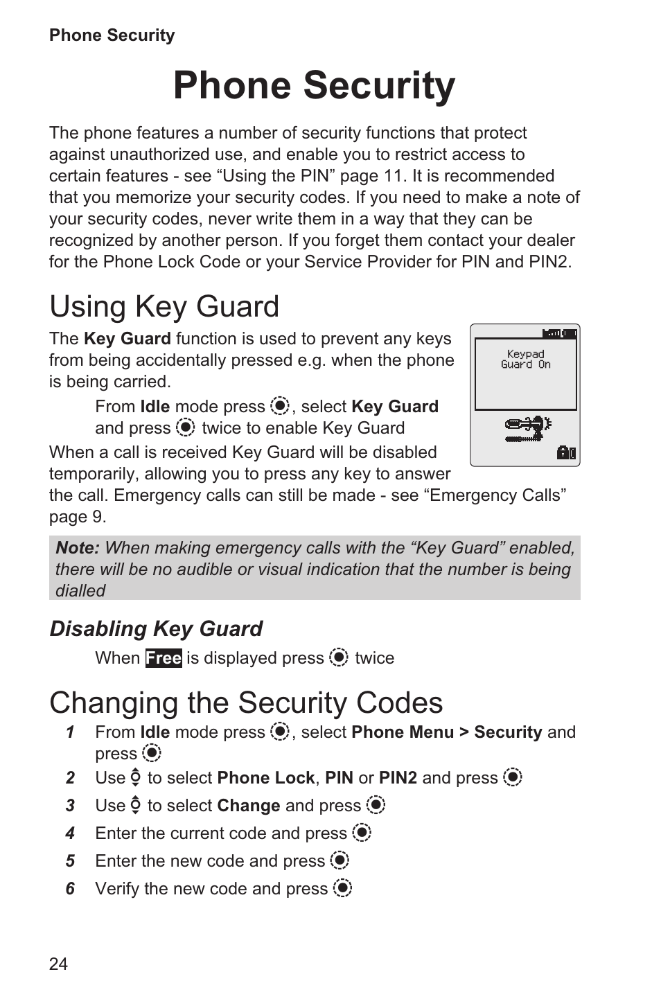 Phone security 24, Using key guard 24, Changing the security codes 24 | Phone security, Using key guard, Changing the security codes, Disabling key guard | Panasonic EB-GD96 User Manual | Page 32 / 96