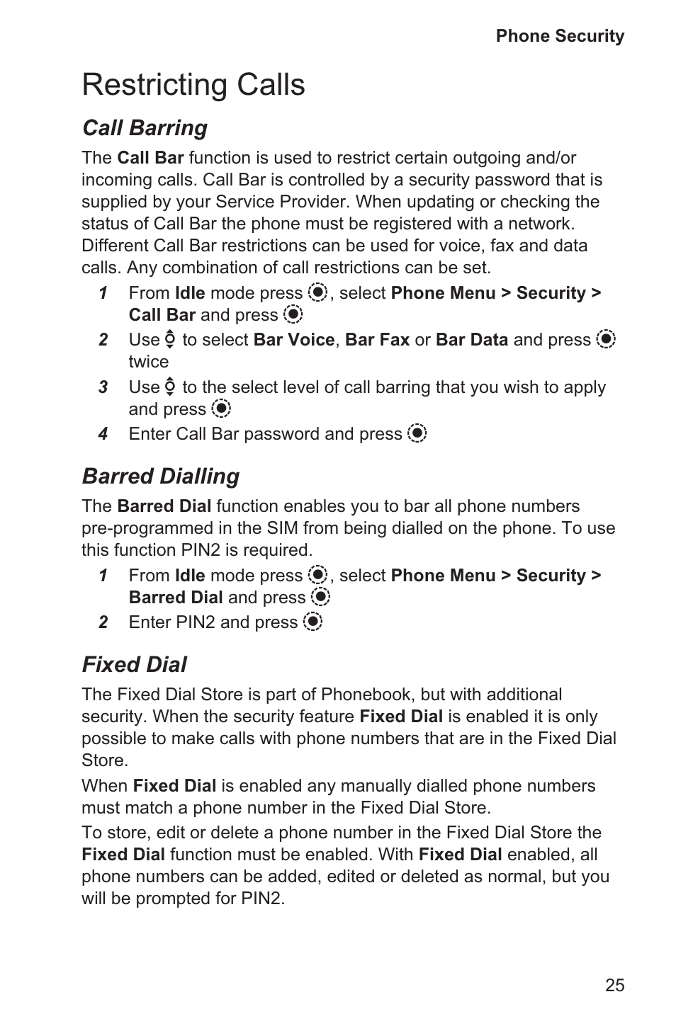 Restricting calls 25, Restricting calls, Call barring | Barred dialling, Fixed dial | Panasonic EB-GD96 User Manual | Page 33 / 96