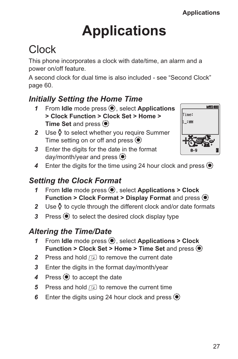 Applications 27, Clock 27, Applications | Clock | Panasonic EB-GD96 User Manual | Page 35 / 96