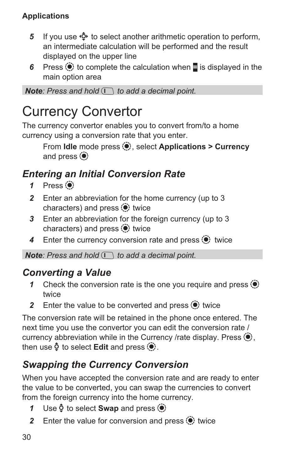 Currency convertor 30, Currency convertor, Entering an initial conversion rate | Converting a value, Swapping the currency conversion | Panasonic EB-GD96 User Manual | Page 38 / 96