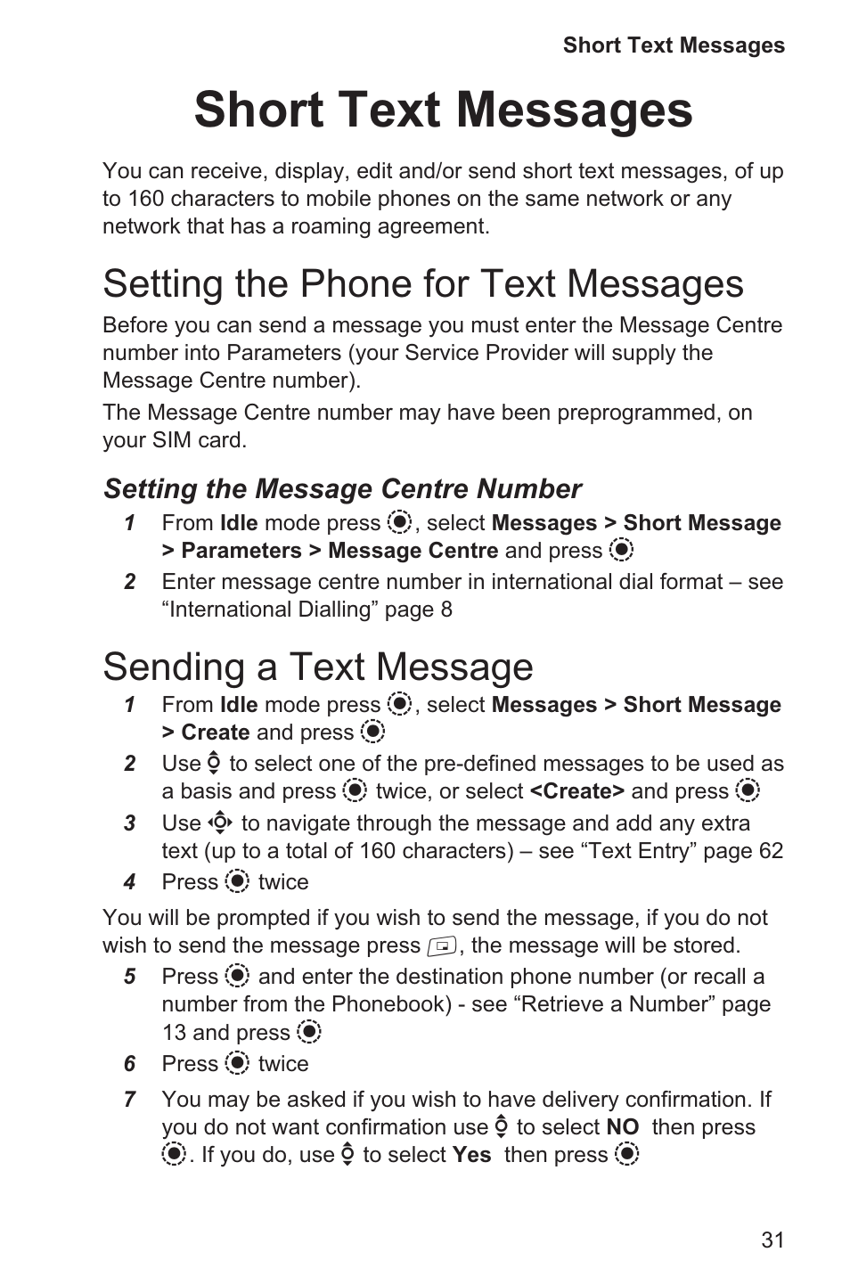 Short text messages 31, Setting the phone for text messages 31, Sending a text message 31 | Short text messages, Setting the phone for text messages, Sending a text message, Setting the message centre number | Panasonic EB-GD96 User Manual | Page 39 / 96
