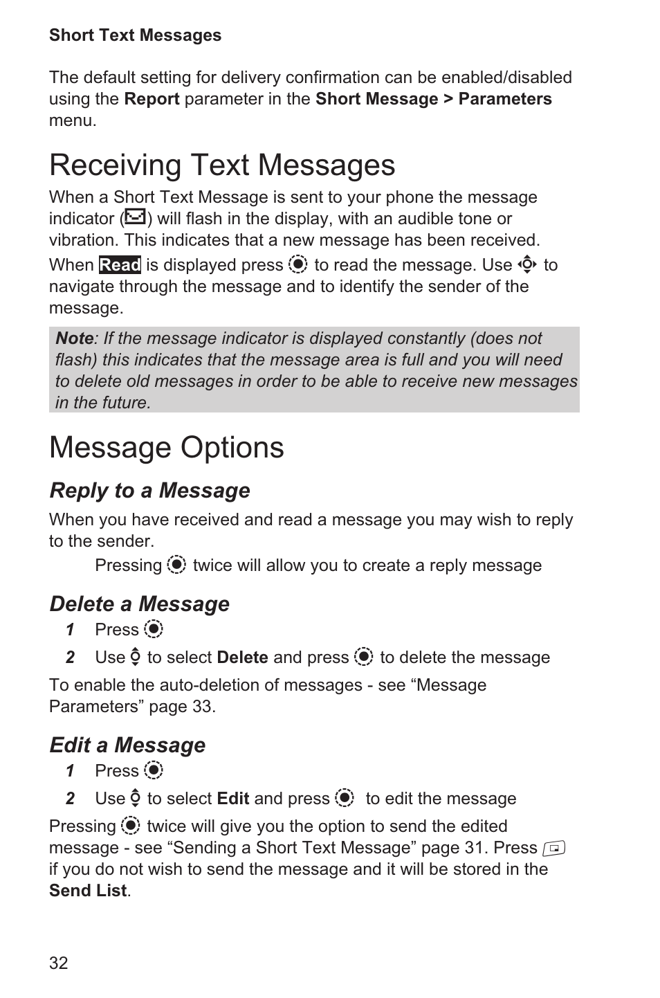 Receiving text messages 32, Message options 32, Receiving text messages | Message options, Reply to a message, Delete a message, Edit a message | Panasonic EB-GD96 User Manual | Page 40 / 96