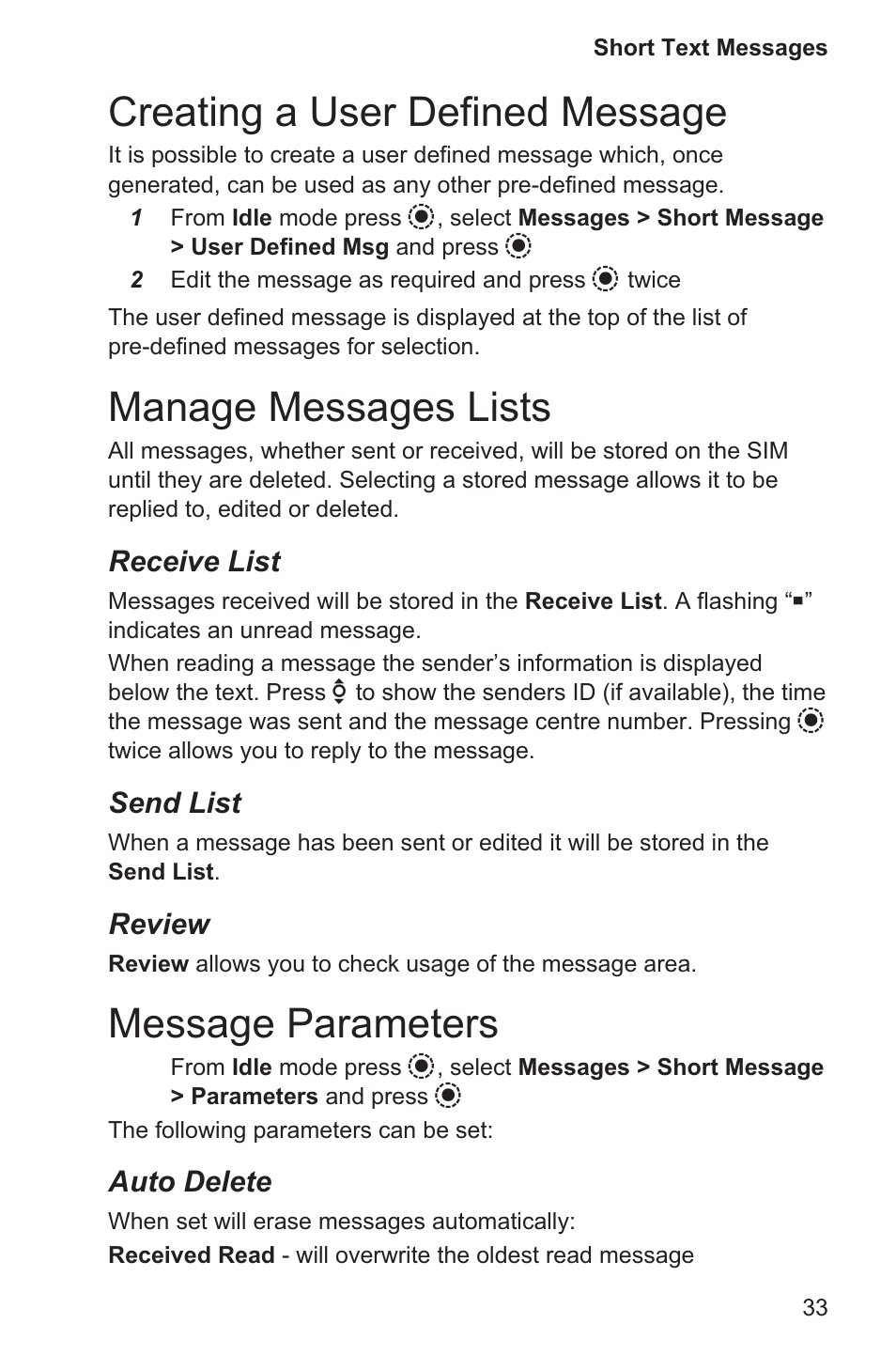 Creating a user defined message 33, Manage messages lists 33, Message parameters 33 | Creating a user defined message, Manage messages lists, Message parameters, Receive list, Send list, Review, Auto delete | Panasonic EB-GD96 User Manual | Page 41 / 96