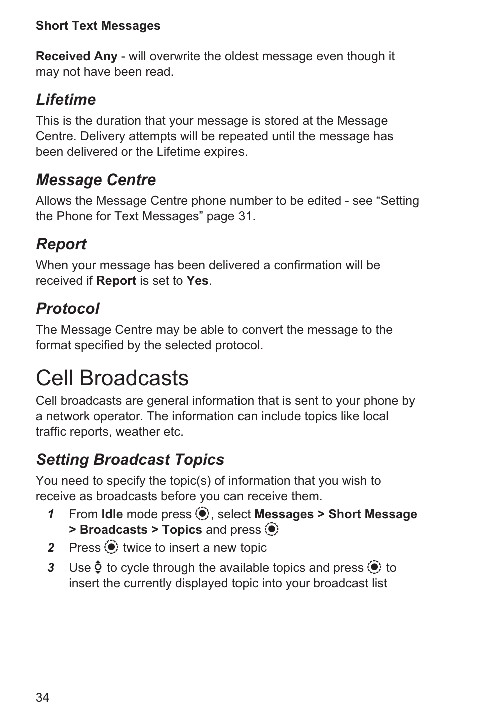 Cell broadcasts 34, Cell broadcasts, Lifetime | Message centre, Report, Protocol, Setting broadcast topics | Panasonic EB-GD96 User Manual | Page 42 / 96