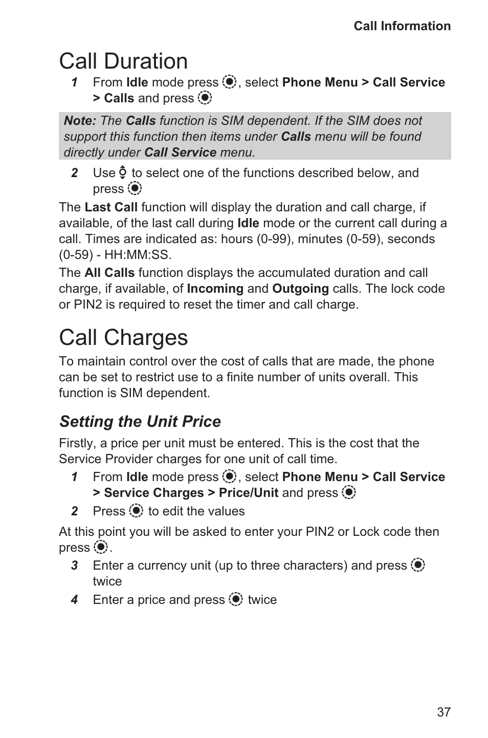 Call duration 37, Call charges 37, Call duration | Call charges, Setting the unit price | Panasonic EB-GD96 User Manual | Page 45 / 96