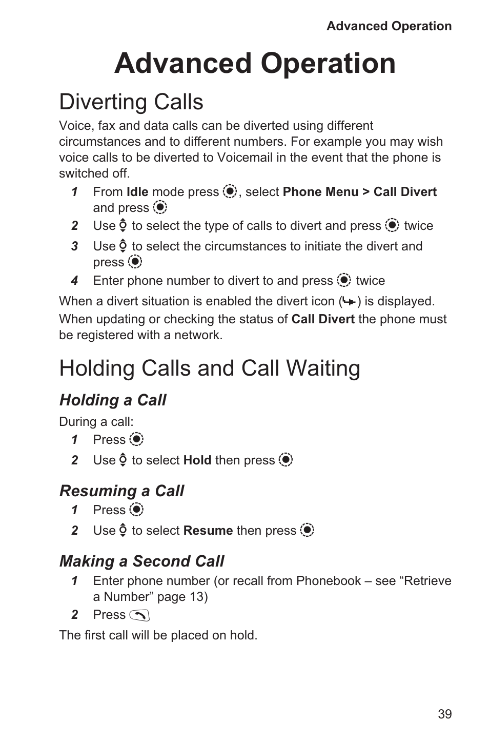 Advanced operation 39, Diverting calls 39, Holding calls and call waiting 39 | Advanced operation, Diverting calls, Holding calls and call waiting | Panasonic EB-GD96 User Manual | Page 47 / 96