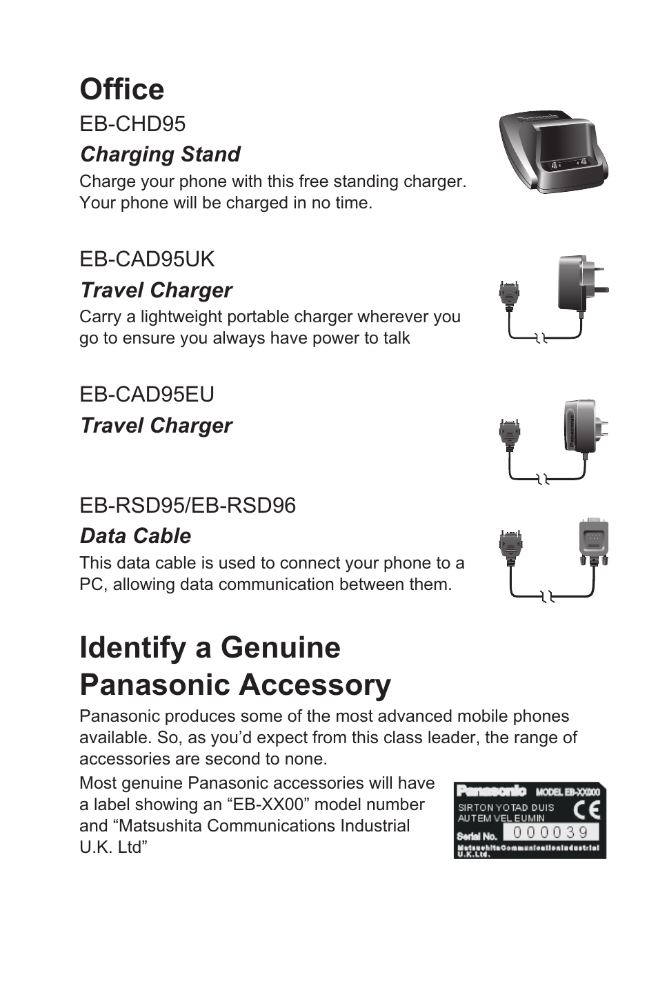 Office, Identify a genuine panasonic accessory | Panasonic EB-GD96 User Manual | Page 5 / 96