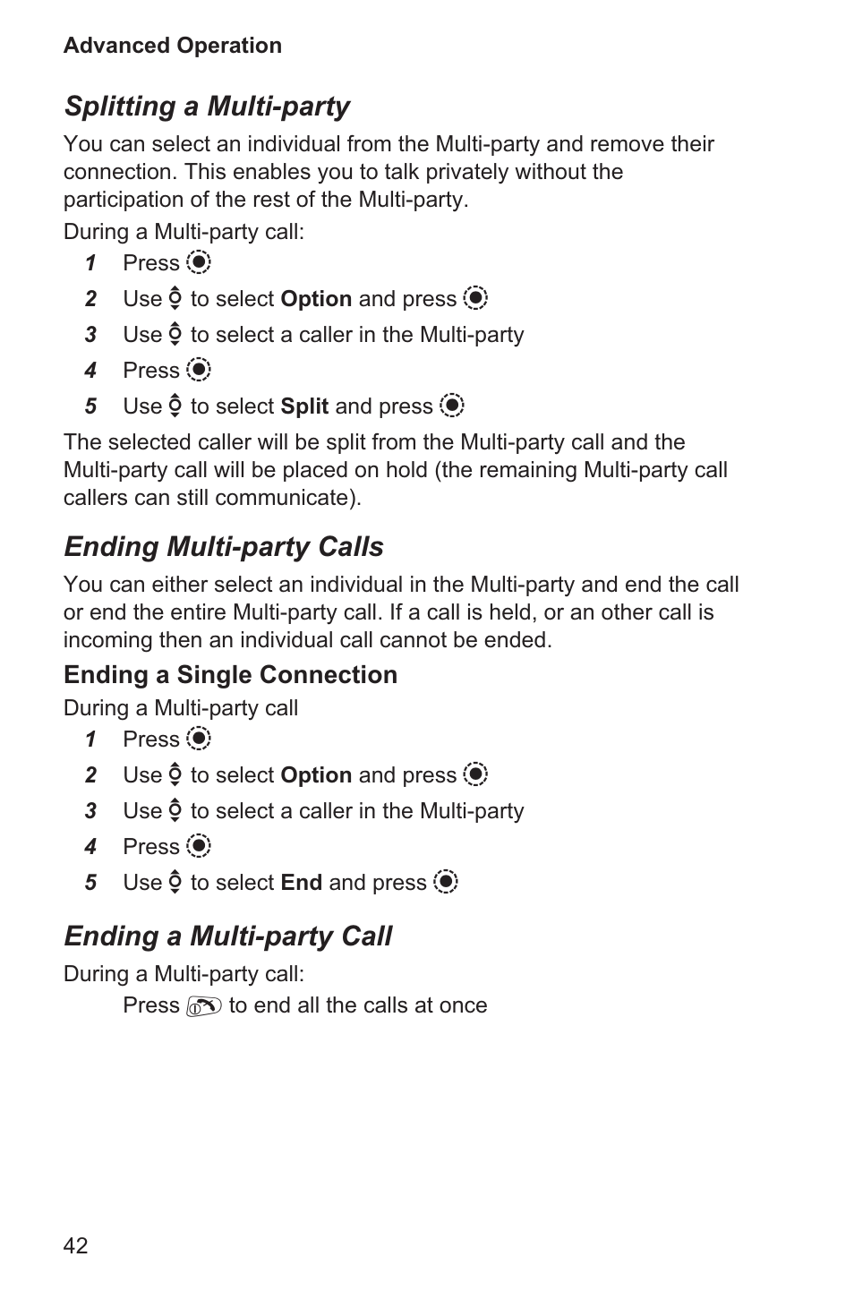 Splitting a multi-party, Ending multi-party calls, Ending a multi-party call | Panasonic EB-GD96 User Manual | Page 50 / 96