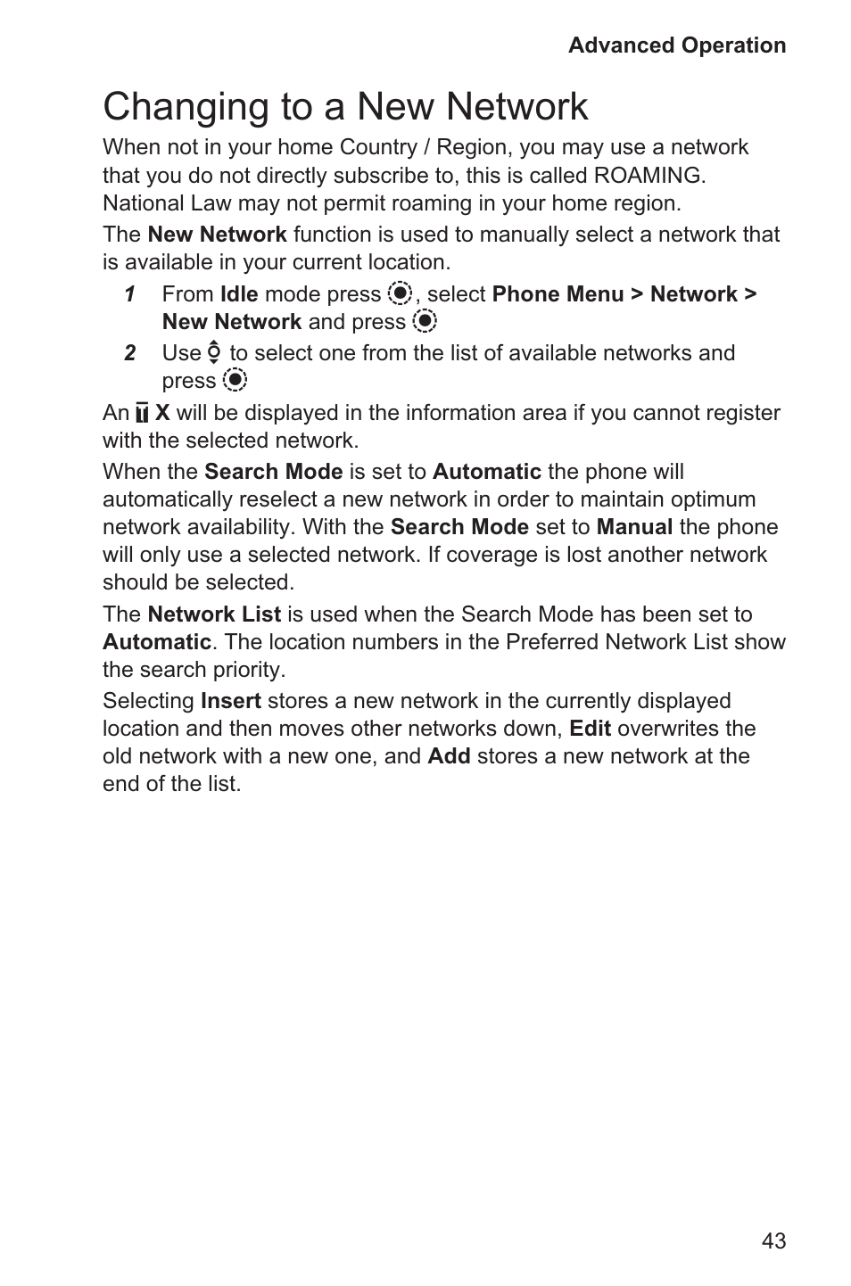 Changing to a new network 43, Changing to a new network | Panasonic EB-GD96 User Manual | Page 51 / 96