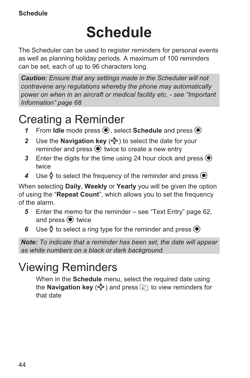Schedule 44, Creating a reminder 44, Viewing reminders 44 | Schedule, Creating a reminder, Viewing reminders | Panasonic EB-GD96 User Manual | Page 52 / 96