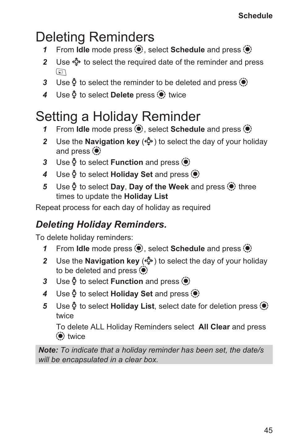 Deleting reminders 45, Setting a holiday reminder 45, Deleting reminders | Setting a holiday reminder, Deleting holiday reminders | Panasonic EB-GD96 User Manual | Page 53 / 96
