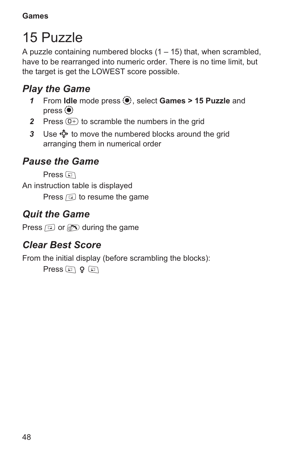 15 puzzle 48, 15 puzzle, Play the game | Pause the game, Quit the game, Clear best score | Panasonic EB-GD96 User Manual | Page 56 / 96