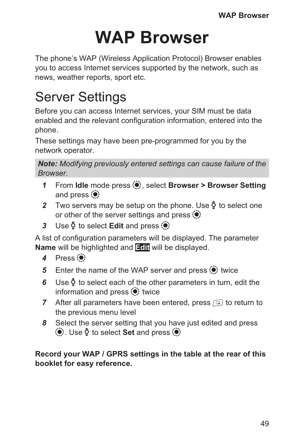 Wap browser 49, Server settings 49, Wap browser | Server settings | Panasonic EB-GD96 User Manual | Page 57 / 96