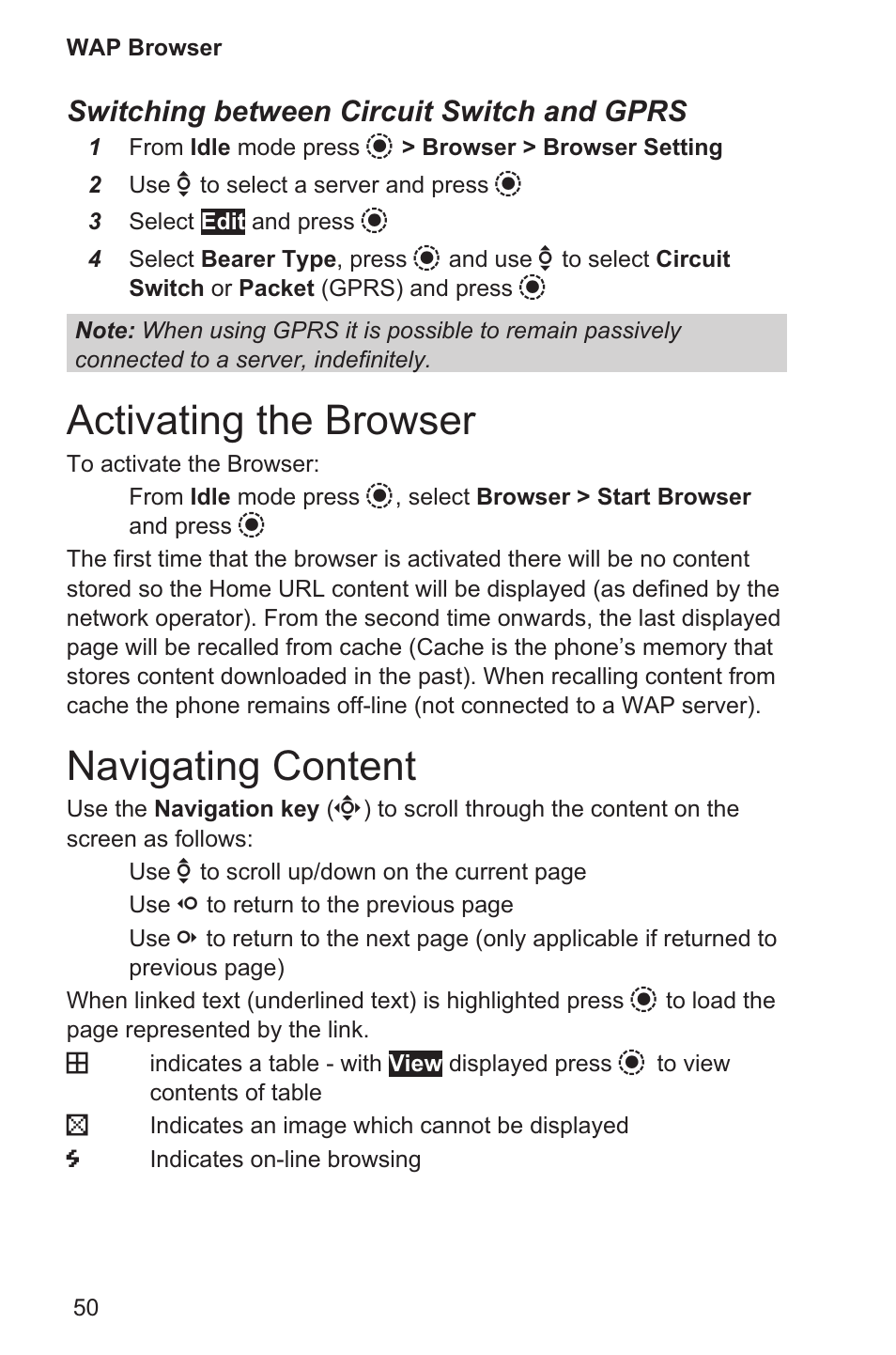 Activating the browser 50, Navigating content 50, Activating the browser | Navigating content, Switching between circuit switch and gprs | Panasonic EB-GD96 User Manual | Page 58 / 96