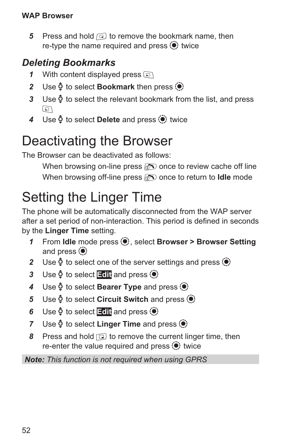 Deactivating the browser 52, Setting the linger time 52, Deactivating the browser | Setting the linger time, Deleting bookmarks | Panasonic EB-GD96 User Manual | Page 60 / 96