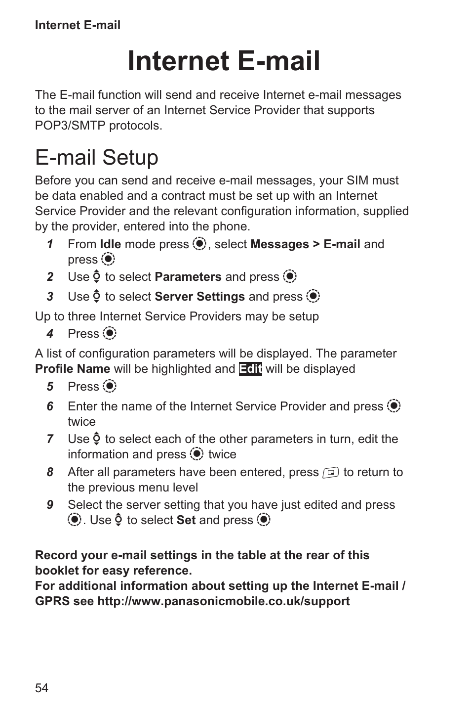 Internet e-mail 54, E-mail setup 54, Internet e-mail | E-mail setup | Panasonic EB-GD96 User Manual | Page 62 / 96