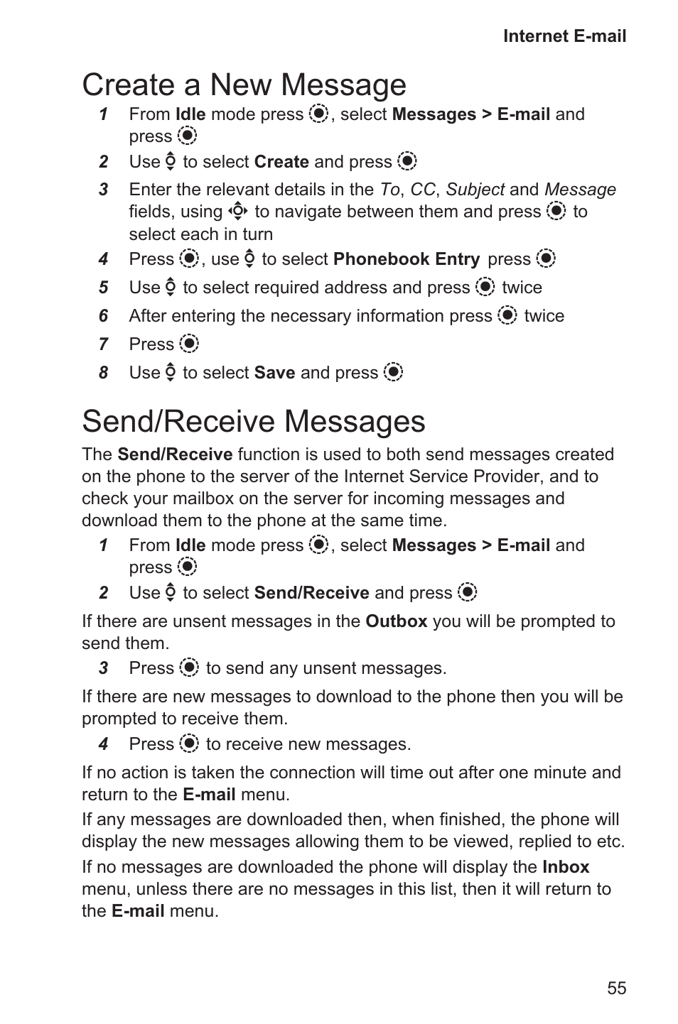 Create a new message 55, Send/receive messages 55, Create a new message | Send/receive messages | Panasonic EB-GD96 User Manual | Page 63 / 96