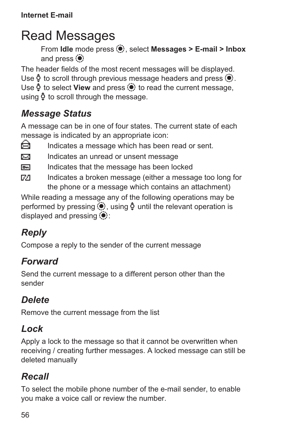 Read messages 56, Read messages, Message status | Reply, Forward, Delete, Lock, Recall | Panasonic EB-GD96 User Manual | Page 64 / 96