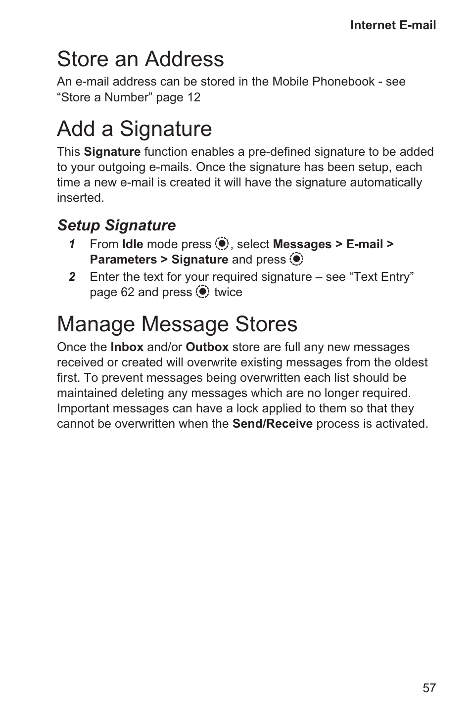 Store an address 57, Add a signature 57, Manage message stores 57 | Store an address, Add a signature, Manage message stores | Panasonic EB-GD96 User Manual | Page 65 / 96