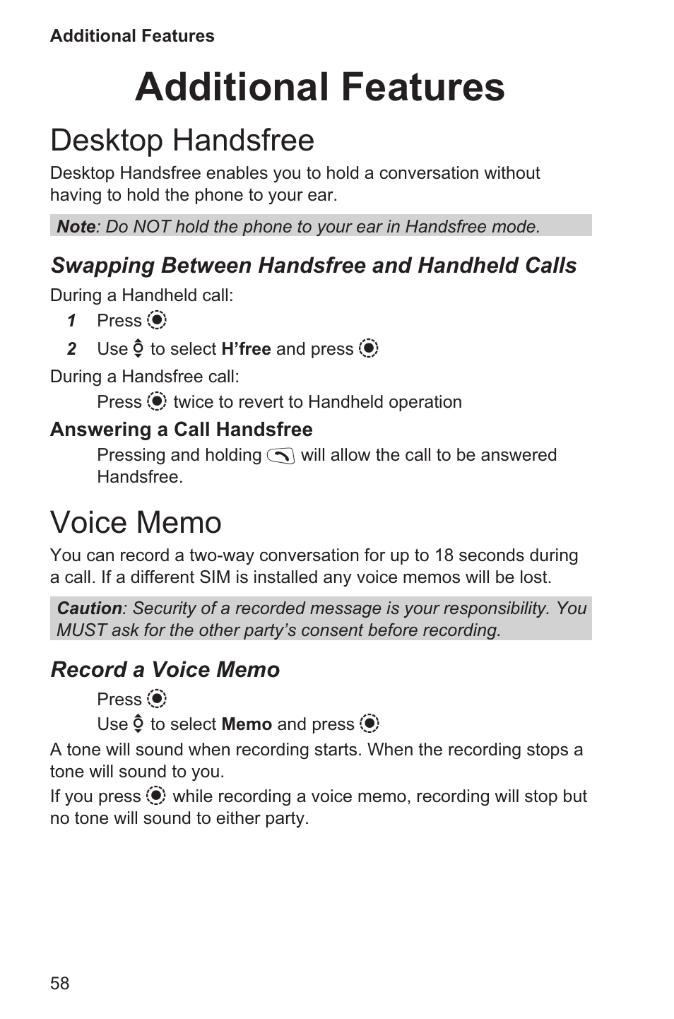 Additional features 58, Desktop handsfree 58, Voice memo 58 | Additional features, Desktop handsfree, Voice memo | Panasonic EB-GD96 User Manual | Page 66 / 96