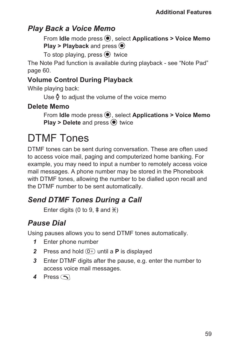 Dtmf tones 59, Dtmf tones, Send dtmf tones during a call | Pause dial | Panasonic EB-GD96 User Manual | Page 67 / 96