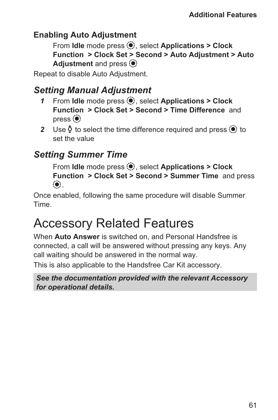 Accessory related features 61, Accessory related features, Setting manual adjustment | Setting summer time | Panasonic EB-GD96 User Manual | Page 69 / 96