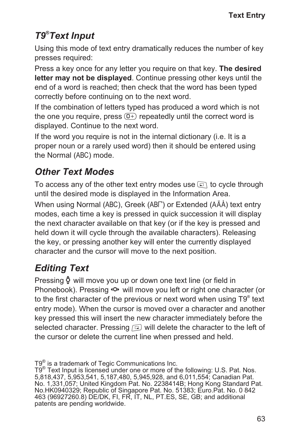 Text input, Other text modes, Editing text | Panasonic EB-GD96 User Manual | Page 71 / 96