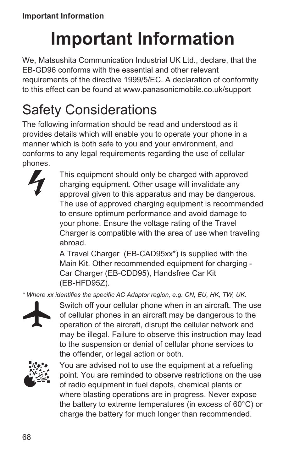 Important information 68, Safety considerations 68, Important information | Safety considerations | Panasonic EB-GD96 User Manual | Page 76 / 96