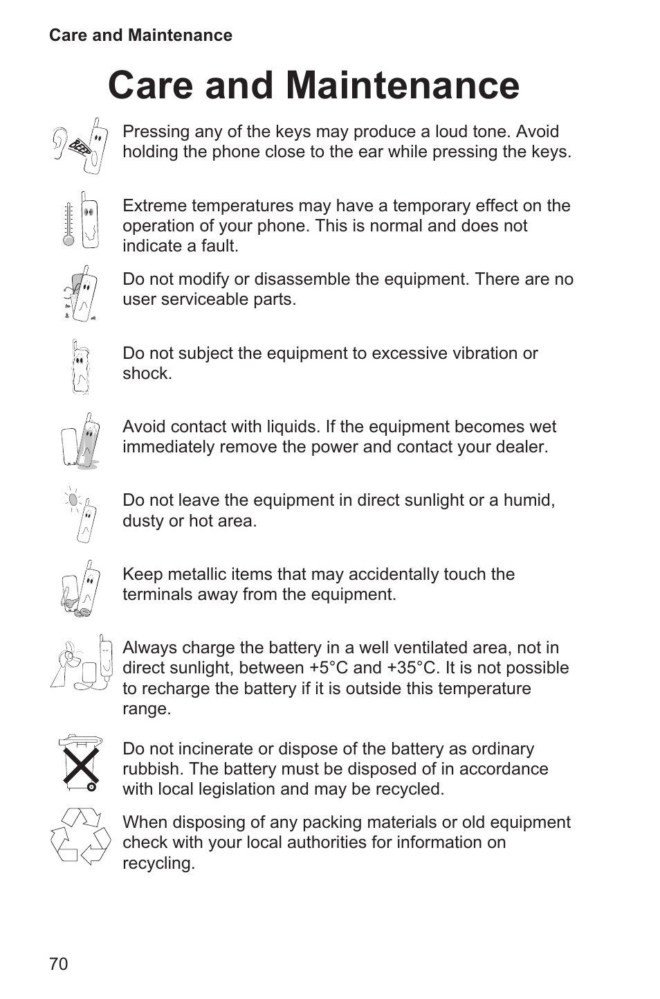 Care and maintenance 70, Care and maintenance | Panasonic EB-GD96 User Manual | Page 78 / 96