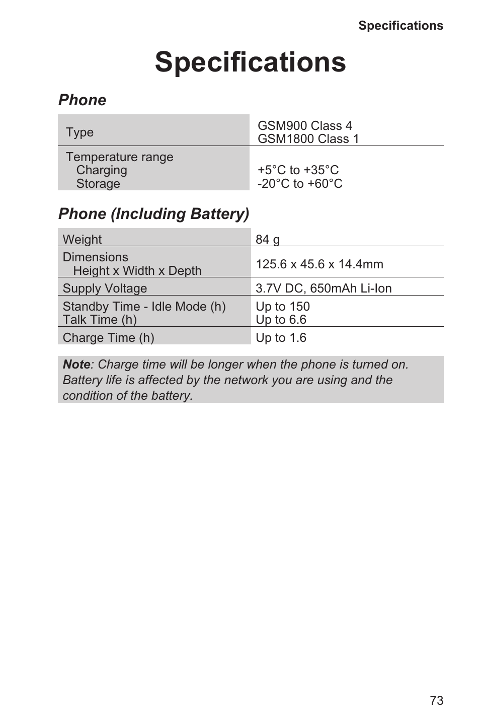 Specifications 73, Specifications, Phone | Phone (including battery) | Panasonic EB-GD96 User Manual | Page 81 / 96