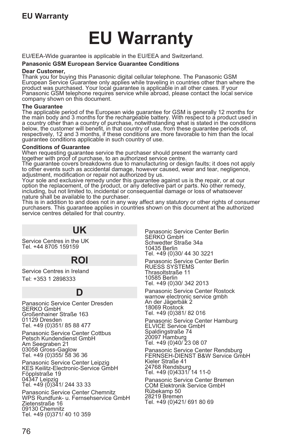 Eu warranty 76, Eu warranty, 76 eu warranty | Panasonic EB-GD96 User Manual | Page 84 / 96