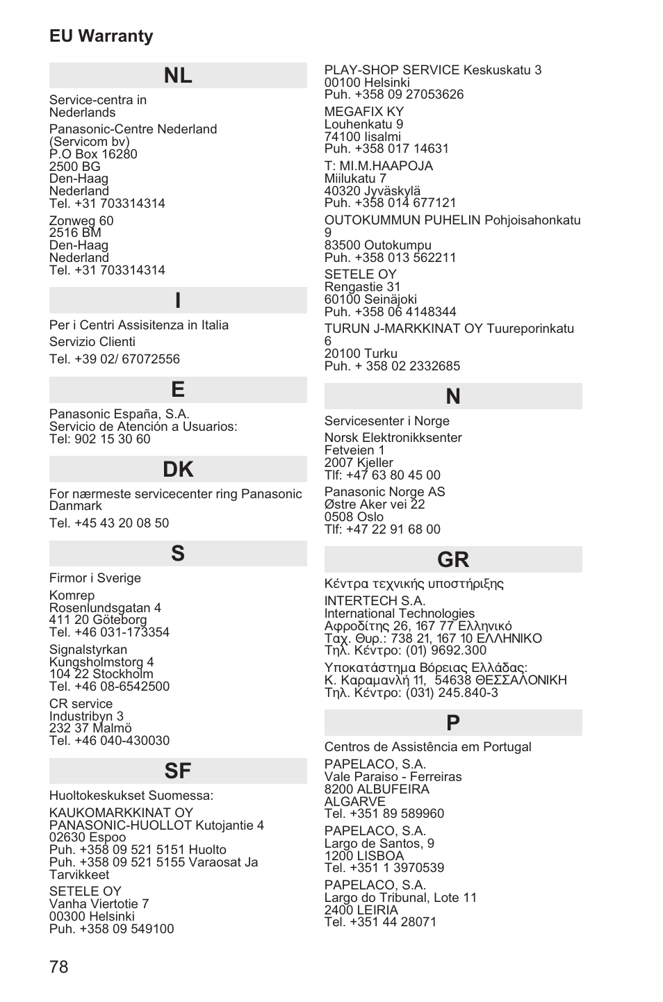78 eu warranty | Panasonic EB-GD96 User Manual | Page 86 / 96