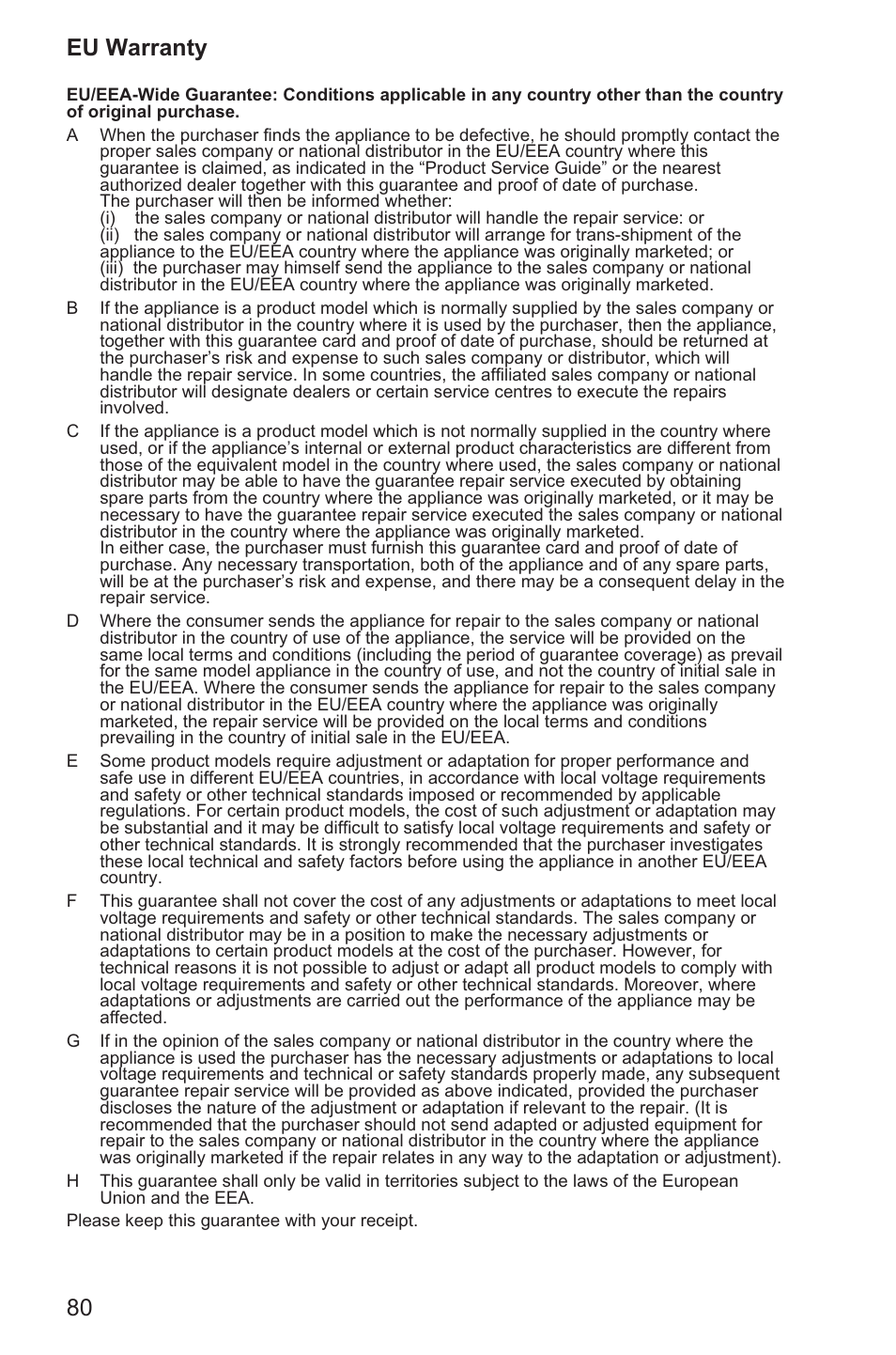 80 eu warranty | Panasonic EB-GD96 User Manual | Page 88 / 96