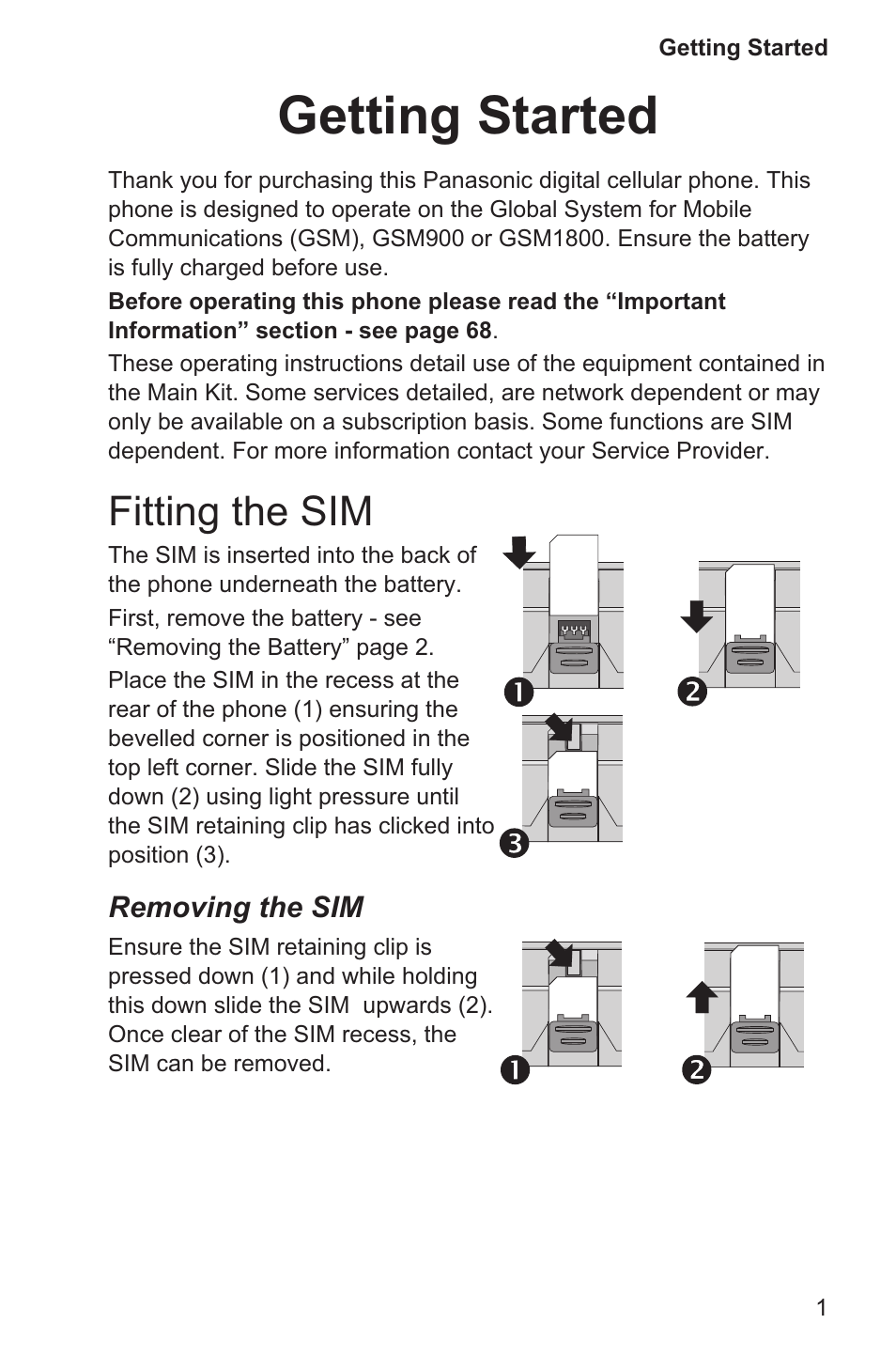 Getting started 1, Fitting the sim 1, Getting started | Fitting the sim, Removing the sim | Panasonic EB-GD96 User Manual | Page 9 / 96
