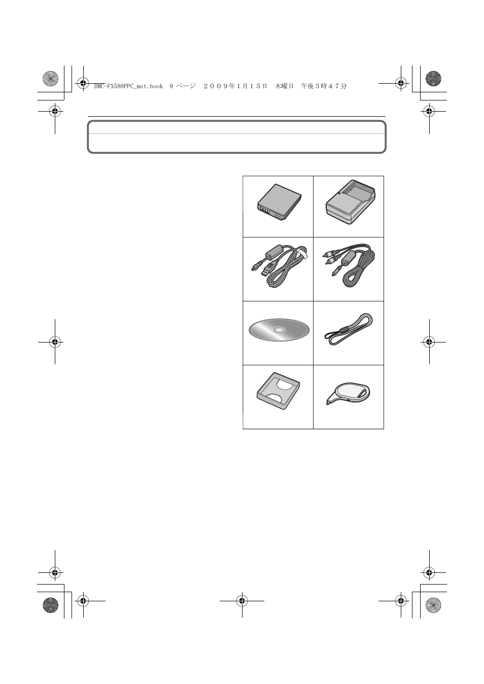Standard accessories | Panasonic DMC-FX580 User Manual | Page 9 / 144
