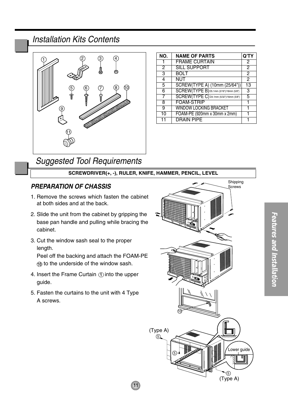 Installation kit contents, Suggested tool requirements, Requirements | Features and installation, Preparation of chassis | Panasonic CW-XC125HU User Manual | Page 11 / 36