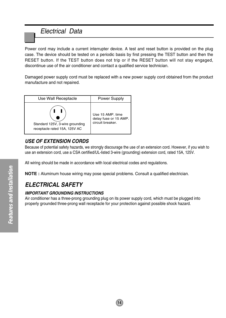 Electrical data, Features and installation, Electrical safety | Panasonic CW-XC125HU User Manual | Page 14 / 36