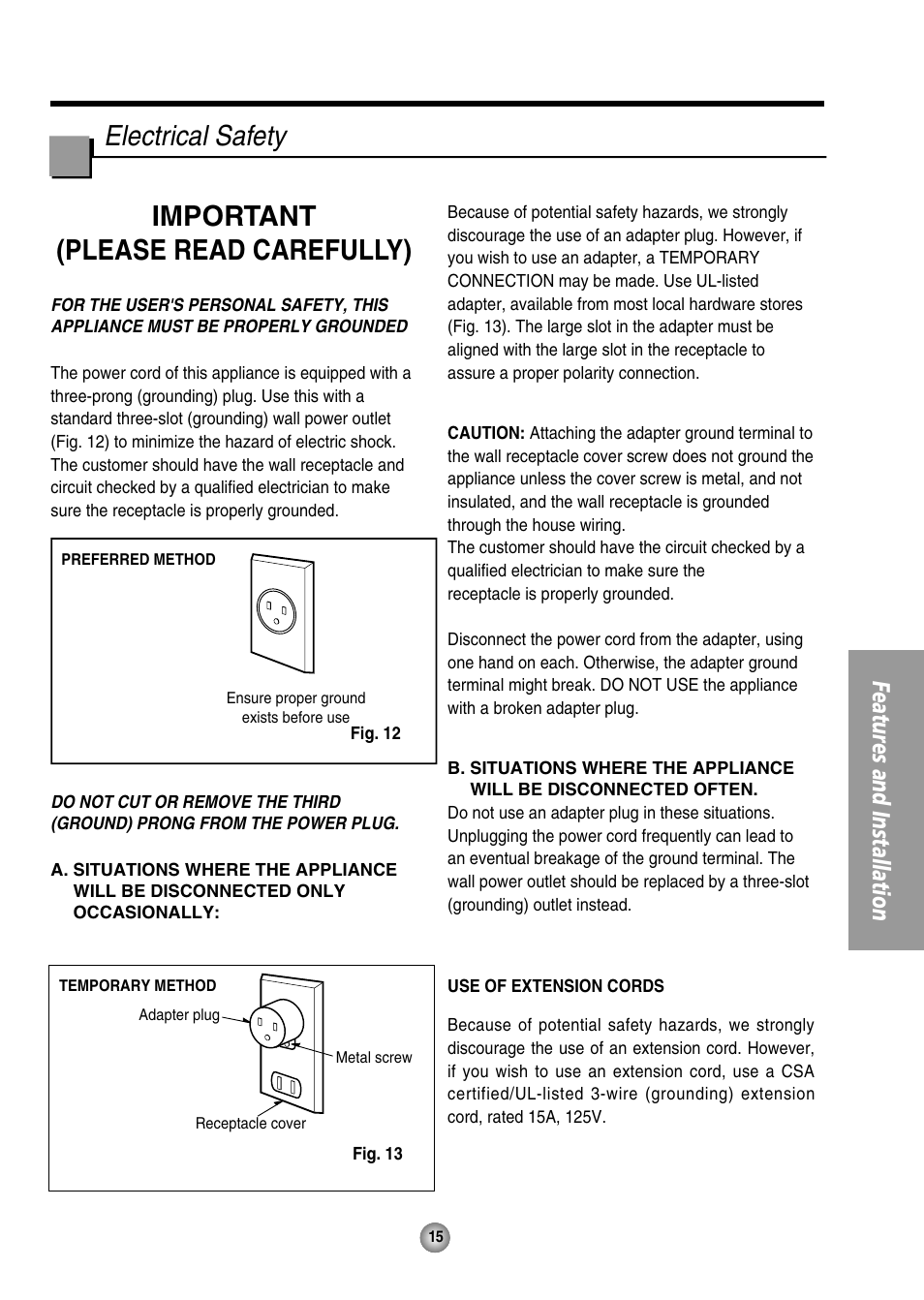 Electrical safety, Features and installation | Panasonic CW-XC125HU User Manual | Page 15 / 36