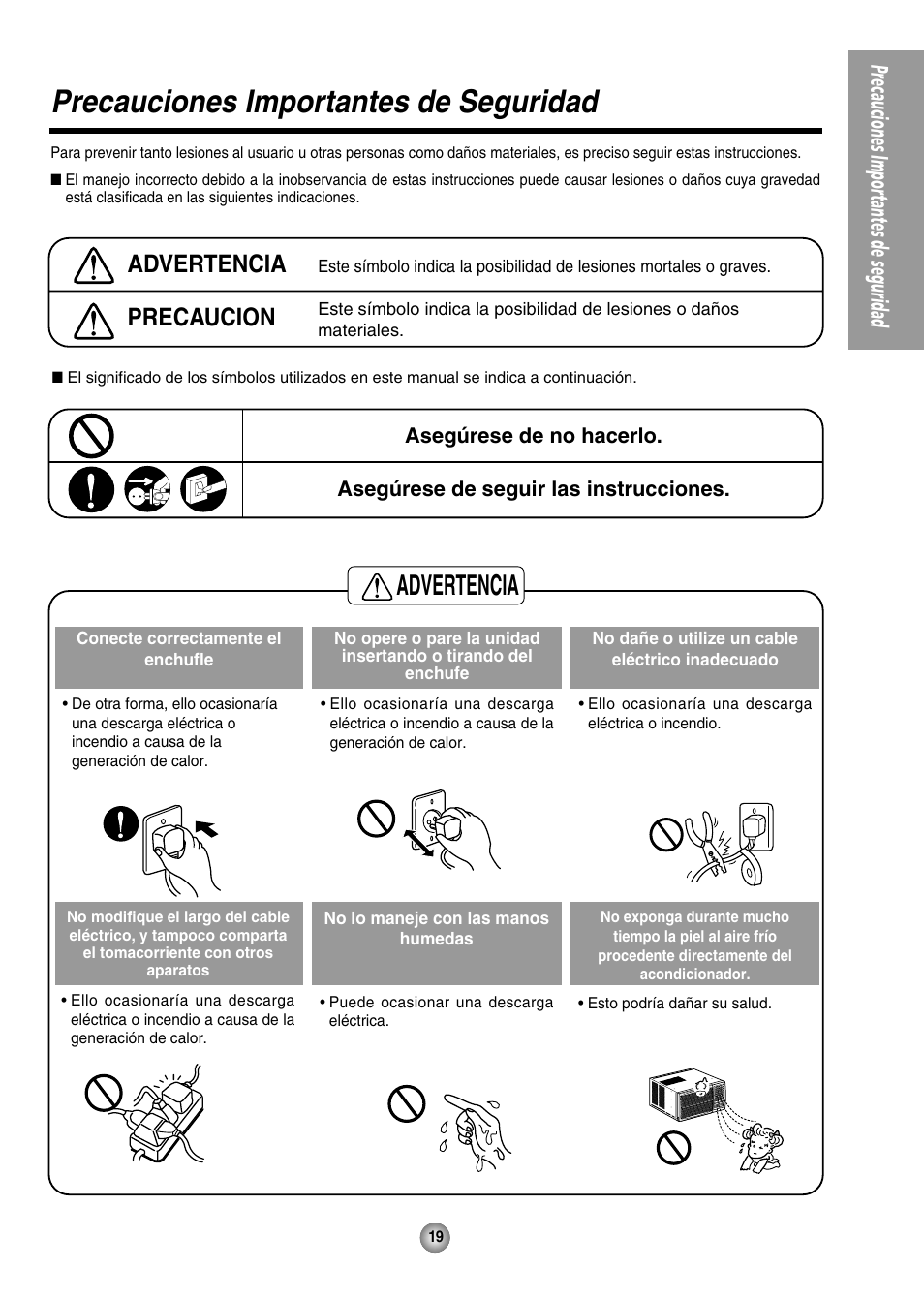 Advertencia, Precauciones importantes de seguridad, Precaucion | Panasonic CW-XC125HU User Manual | Page 19 / 36